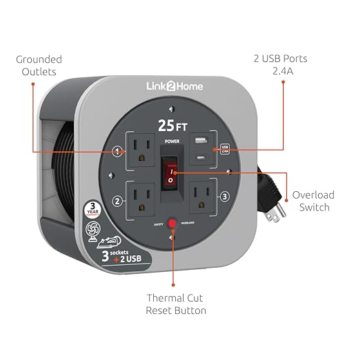 Link2Home 25 Ft. Retractable Extension Cord Reel, 3 Outlets, Gray