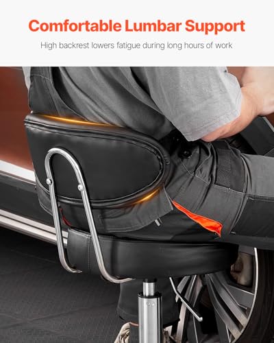 VEVOR Shop Stool with Backrest, Pneumatic Height Adjustable Garage Seat, 300 lbs Load, Roller Creeper Seat, 360 Swivel Padded Workshop Stool, Black