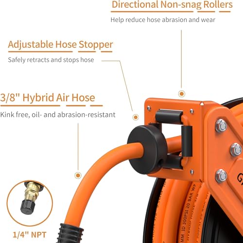 Giraffe Tools Retractable Air Hose Reel 50ft with Swivel Bracket 3/8"