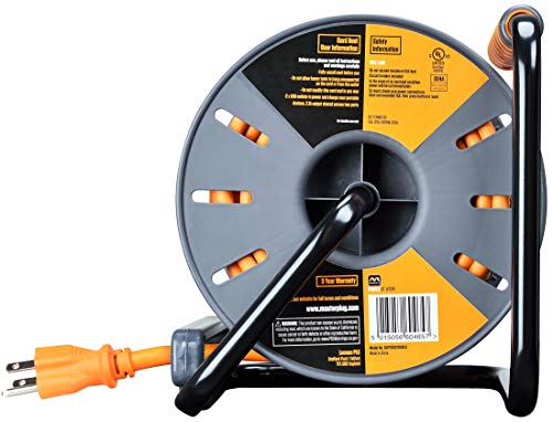 Masterplug 75ft Cord Reel, Retractable Extension Lead with Winding Handle, Safety Overload Circuit Breaker and Power Switch, 4x Grounded Outlets, 2x USB Ports, 15amps, 12AWG Cable