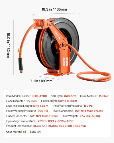 VEVOR Retractable Air Hose Reel, 1/2 Inch x 50 FT Rubber Air Hose Max 300PSI, Auto Rewind Air-Compressor Hoses Reel with 5 ft Lead in, Ceiling/Wall Mount Heavy Duty Steel Double Arm