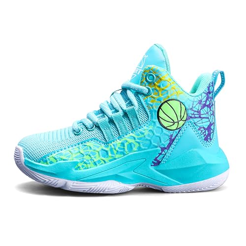 Kids Basketball Shoes High-top Sports Shoes Boys Sneakers Durable Lace-up Non-Slip Running Shoes Secure for Little Kids Big Kids Sky Blue