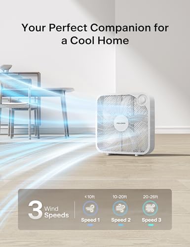 PELONIS 3-Speed, 20-Inch Box Fan for Bedroom, 5 Blades, 2295 CFM, White