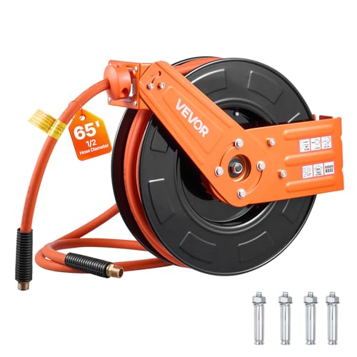 VEVOR Retractable Air Hose Reel, 1/2 Inch x 65 FT Rubber Air Hose Max 300PSI, Auto Rewind Air-Compressor Hoses Reel with 5 ft Lead in, Ceiling/Wall Mount for Garage Workshops