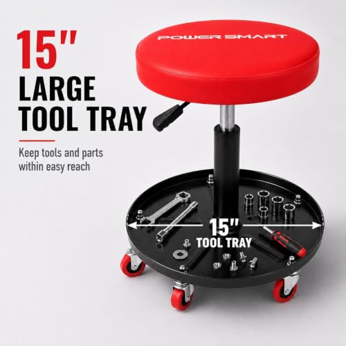 PowerSmart 330LBS Pneumatic Roller Seat with Wheels, 18"-23" Adjustable Rolling Mechanic Stool with Tool Tray, Swivel Creeper Seat, Hydraulic Garage Shop Stool for Auto Repair, Detailing & Workshop