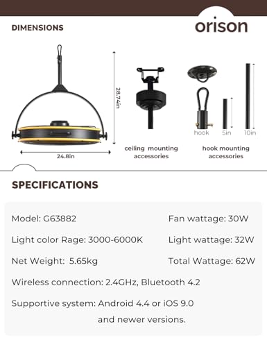 Orison 24.8'' Outdoor Ceiling Fan, 6 Speed Ceiling Mounted Plug-In Cord Garage Fan with Remote&APP, 360-degree Manual Vertical Rotation, Hook up, Gazebo, Patio, Pergola (5 blades- Yellow&Black)
