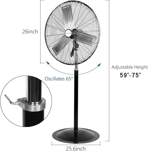 BILT HARD 24" High Velocity Pedestal Oscillating Fan, 6450 CFM 3-Speed Industrial Floor Fan with Adjustable Height, Metal Shop Fan with Aluminum Blades for Commercial, and Garage