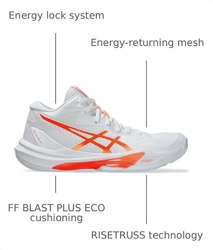 ASICS Women's Sky Elite FlyteFoam Mid Top 3 Volleyball Shoes, 9, White/Vivid Coral