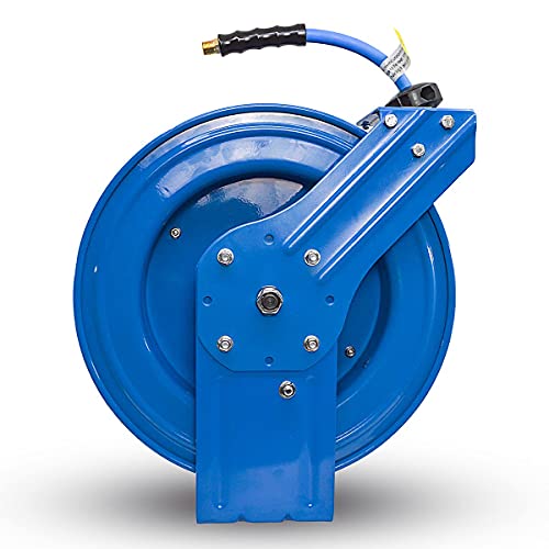 BLUBIRD BBRHD3850 18ga. Retractable Hose Reel with 3/8" X 50' Air Hose, 12 Point Ratcheting Gear, Next-Gen Rubber, Lightest, Strongest, Most Flexible, 300 PSI, -50F to 190F Degrees, Polyester Braided