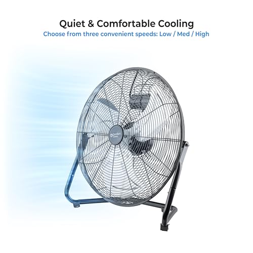 Comfort Zone 20-Inch High-Velocity Industrial Floor Fan, Heavy-Duty 3-Speed Metal Shop Fan with 180° Adjustable Tilt & Carry Handle, Quiet Vibration-Free Cooling for Garage, Workshop, & Home