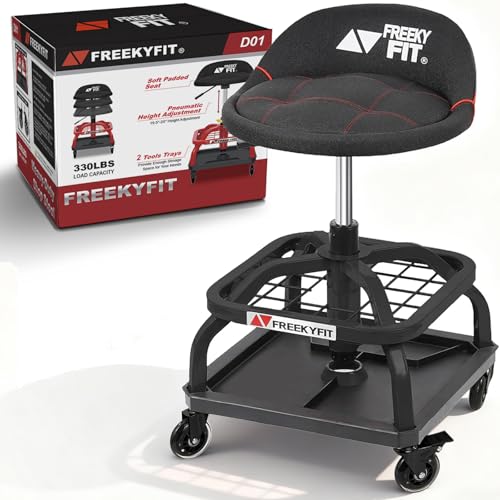 FreekyFit Rolling Shop Stool with Wheels, Garage Work Mechanic Stool with Backrest, Roller Mechanic Chair, Adjustable Height, 360° Swivel, Tool Tray Storage, 330 LBS Capacity, Heavy Duty, Black