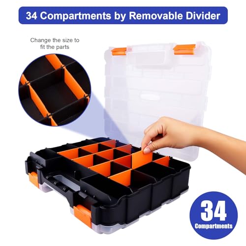 AllinRC Small Parts Organizer Double Sided Parts Organizer with Removable Dividers 34-Compartments Storage Bins for Hardware, Screws, Nuts, Bolts, Washers, Nails, Fasteners, Tools
