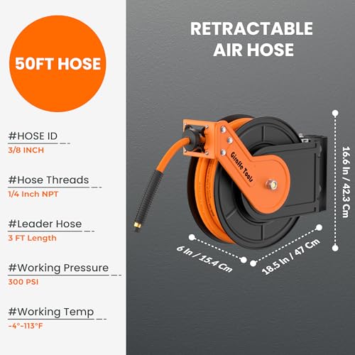 Giraffe Tools TA15 Retractable Air Hose Reel, 3/8" x 50ft, Open Steel