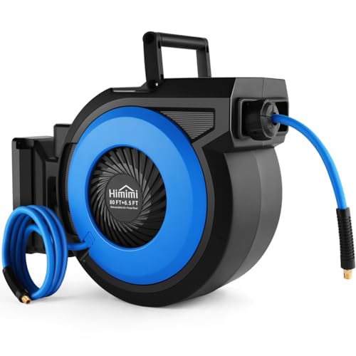 80FT + 6.5FT Retractable Air Hose Reel, Wall Mount Pneumatic Hose Reel for Garage Workshop, Automatic Rewind, 3/8" x 80' Hybrid Air Hose with Brass Fittings + Bend Restrictors, 300PSI