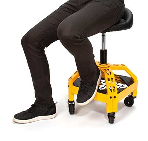 DEWALT Heavy Duty Adjustable Rolling Shop Stool, 360-degree Swivel Industrial Garage Stool with Padded Seat, Storage Shelf, Removable Wheels
