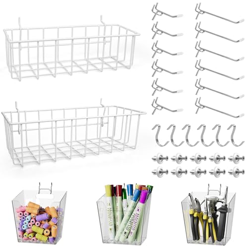 Pegboard Organizers, Peg Board Baskets Clear Cups Multiple Hooks 33 Pack