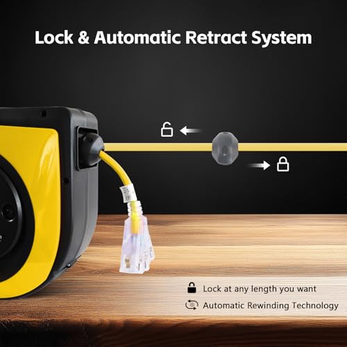 FSTSN Retractable Extension Cord Reel, 75 FT, Heavy Duty 14AWG/3C SJTOW Power Cord, with Lighted Triple Tap Outlet 10 Amp Circuit Breaker, for Ceiling or Wall Mount Garage and Shop, Yellow