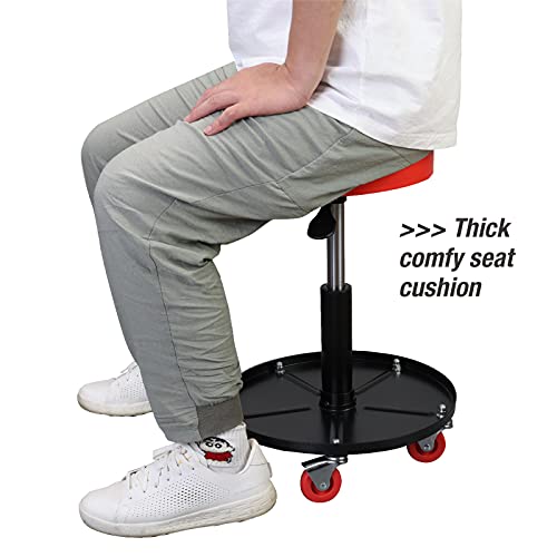 Big RED ATRHL6201R Torin Heavy Duty Rolling Pneumatic Creeper Garage/Shop Seat: Padded Adjustable Mechanic Stool with Tool Tray Storage, Red Large,15.36" D x 15.36" W x 4.73" H