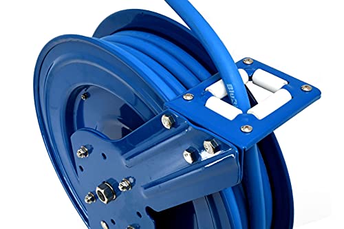 BLUBIRD BBRHD3850 18ga. Retractable Hose Reel with 3/8" X 50' Air Hose, 12 Point Ratcheting Gear, Next-Gen Rubber, Lightest, Strongest, Most Flexible, 300 PSI, -50F to 190F Degrees, Polyester Braided