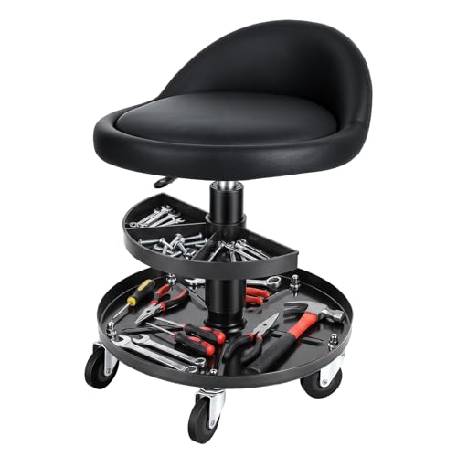 pofluany Rolling Shop Stool with Wheels, Garage Mechanic Stool with Backrest, Adjustable Height Shop Stools with Tool Tray, 300 lb Capacity Mechanic Chair for Garage, Workshop, Auto Repair Black