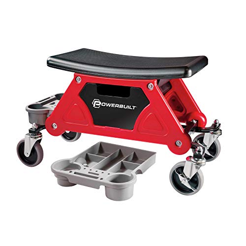 Powerbuilt Heavy Duty Roller Mechanics Seat and Brake Stool with 4-in. Rubber Swivel Casters Roll Over Anything, Big Seating Platform, Slide Out Tool Trays and Drawer 300 lb. Capacity – 240036