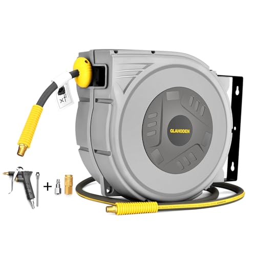GLAHODEN Enclosed Retractable Air Hose Reel, 3/8 in x 50 Ft Hybrid Hose Air Compressor Hose Reel with 5 Ft Lead in Max 300 PSI Patented Design for Any Length Lock 180°Swivel Bracket Quick Coupler