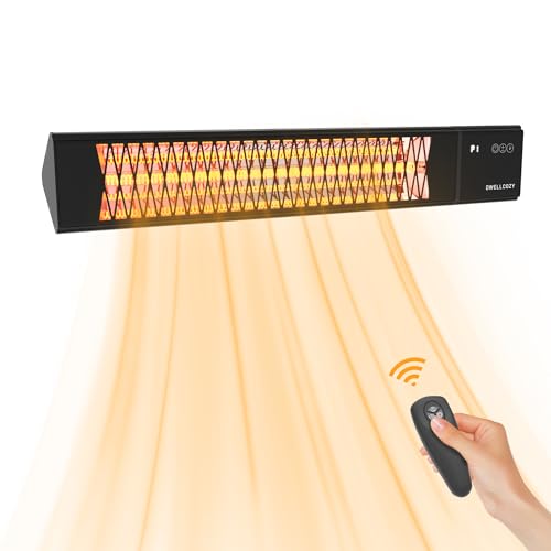 DWELLCOZY 2s Wall-Mounted Patio Heater 5 Modes, Indoor/Outdoor Heaters for Patio, 1500W Infrared Electric Garage Heaters with Remote, Space Heater for Garden,Backyard IP55 Resistant, 24H Timer, Black