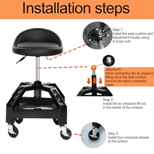 RCIACRHT Garage Shop Rolling Seat, Heavy Duty Adjustable Rolling Mechanic Stool with Lockable 360° Wheels, 350 Lbs Capacity, Work Stool with Tool Tray for Garage & Workshop
