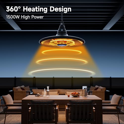 Hanging Heater, 1500W Outdoor Electric Patio Ceiling Heater with Remote Control, Infrared for Courtyard, Garage, Patio, Overheat & Tip-Over Protection, Waterproof, Deep Black