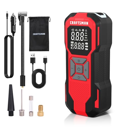 CRAFTSMAN Tire Inflator Portable Air Compressor, Cordless Mini Air Pump for Car Tires with Digital Tire Pressure Gauge, 6000mAh Battery Powered Air Pump, Max Pressure 150 PSI, 12V DC Corded