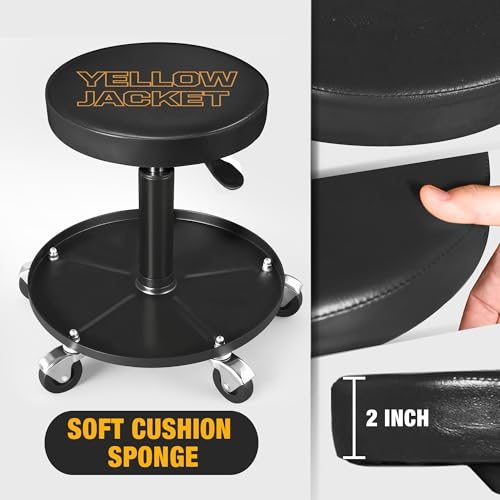 YELLOW JACKET Pneumatic Rolling Mechanic Stool with Wheels 250lb Capacity Adjustable Height Garage Shop Seat with Tool Tray for Auto Repair Workshop