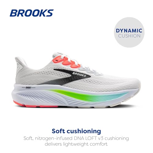 Brooks Men’s Ghost 17 Neutral Running Shoe - White/Pink Clay/Gecko - 12 Medium