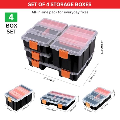 Andalus Tools Organizer Box, Small Parts Storage Multi-Compartment Portable Hardware Organizer Removable Plastic Dividers for Screws, Nuts, Bolts, Nails – Orange (4 Set, 12.2" x 9.1" x 7")