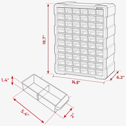 INTERTOOL Small Parts Organizer for Hardware & Screws | 60 Removable Bins with Dividers | Wall Mount or Desktop Craft & Lego Storage Cabinet | 19” x 15” x 6” BX08-4016