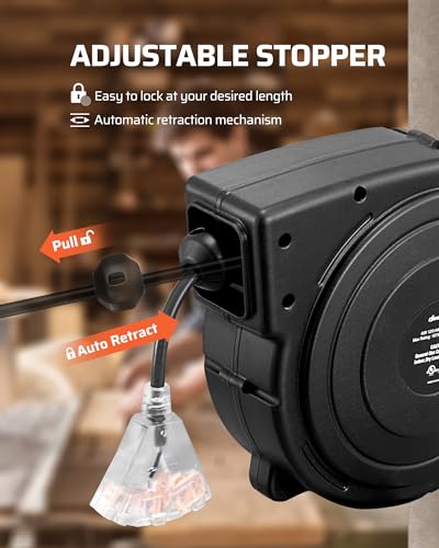 DEWENWILS 50FT Retractable Extension Cord Reel, 14AWG/3C SJTOW Cord Reel