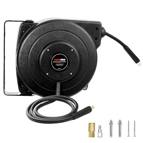 Txecpro Retractable Air Hose Reel, 1/4 IN x 45 FT Hybrid Air Hose Max 300 PSI, Air compressor hose reel with 5 ft Lead in, Ceiling/Wall Mounted air hose reel,Heavy Duty air tool