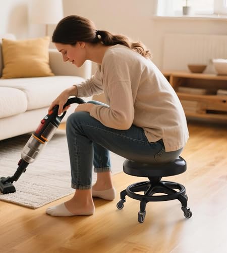 KinShare Upgraded Low-Profile Rolling Stool with 360° Smooth Rubber Wheels – Heavy-Duty 450lbs, Puffed PU Seat & Anti-Tip Base | Ideal for Home, Office, Salon, Workshop, Mechanic, Garage, Black