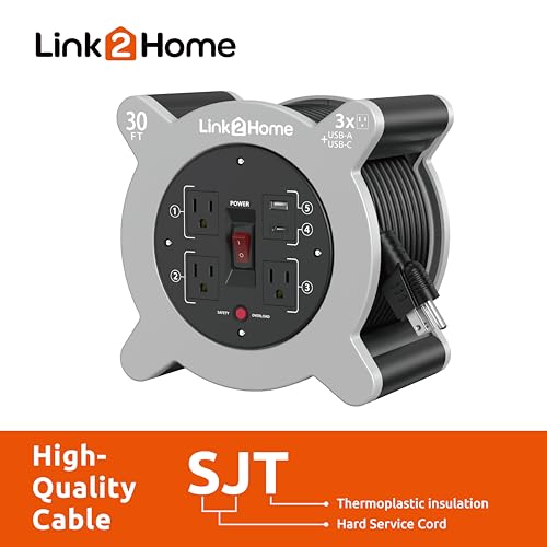 Link2Home 30 Ft. Extension Cord Reel, 3 Outlets, 2 USB Ports