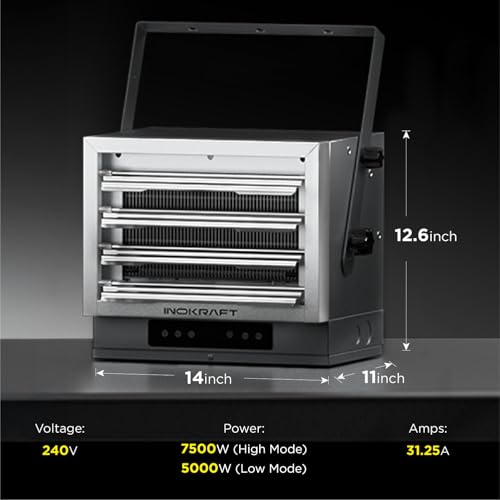 InoKraft 7,500W Electric Garage Heater, Wire: 8 AWG, Plug: NEMA 14-50P, Remote, Ceiling Mount, Digital Thermostat, 240 Volt, 24-Hour Timer, Overheat Protection, ECO Mode, Ideal for Garage