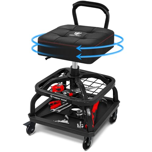 FREEKYROCK Rolling Shop Stool with Wheels, Garage Mechanic Shop Chair with Handle Backrest, Adjustable Height Work Stool, Roller Seat with Tool Tray Storage, Heavy Duty, 330 LBS Capacity, Black