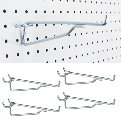 Pegboard Shelf Hooks, 4 Pack Metal Utility Hook Set, 1/4 inch Peg Board Organizer Accessories, Shelves and Baskets Brackets, Display and Storage Rack for Garage Art Craft Room Office (Silver, 6")