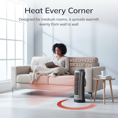Lasko Oscillating Digital Ceramic Tower Heater for Home with Adjustable Thermostat, Timer and Remote Control, 23 Inches, 1500W, Silver, 755320