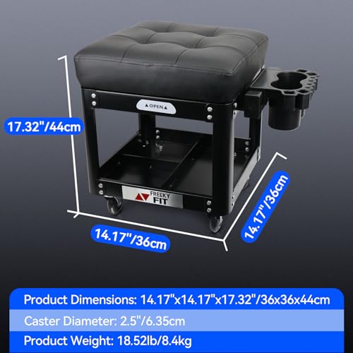 FreekyFit Rolling Creeper Garage Shop Seat for Men, Padded Mechanics Stool with Tool Tray Storage for Garage, Rolling Workshop Stool with Wheels, Auto Creeper Seat, 330 LBS Capacity, Heavy Duty, Black