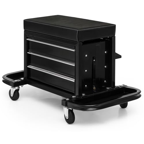 Magshion Garage Creeper Seat with 3-Drawer Storage, 350 lbs Capacity Rolling Mechanic Stool, Padded Shop Seat with Tool Tray, Adjustable Workshop Creeper Stool on Wheels for Auto Repair & Detailing