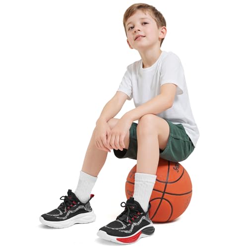 RUNSIDE Boys Girls Sneakers for Outdoor, Size 6 Big, Black/Red