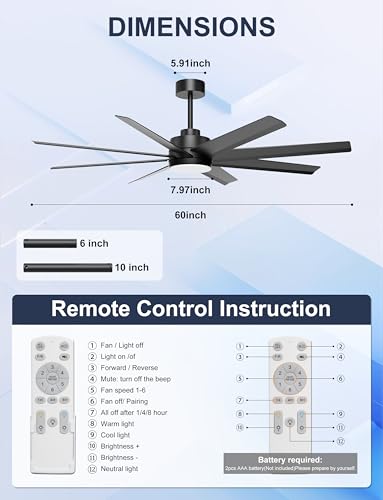 Ohniyou 60" Black Ceiling Fan with Light for Patio, Porch, Living Room