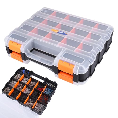 AllinRC Small Parts Organizer Double Sided Parts Organizer with Removable Dividers 34-Compartments Storage Bins for Hardware, Screws, Nuts, Bolts, Washers, Nails, Fasteners, Tools