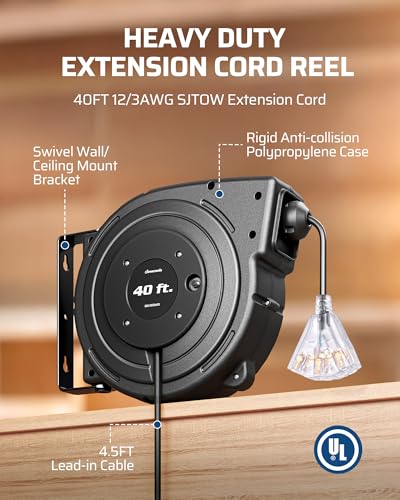 DEWENWILS 40FT Extension Cord Reel with Breaker for 15A, 12/3C SJTOW, UL
