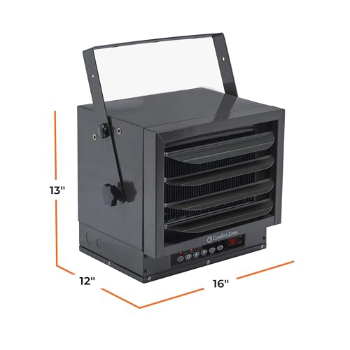 Comfort Zone Hard-Wired Ceiling Mount Garage Space Heater with Remote, 7,500 Watt, 240 Volt, Fan-Forced, Overheat Protection, Digital Thermostat, 12-Hour Timer, Ideal for Garage & Workshop, CZ230ERBK