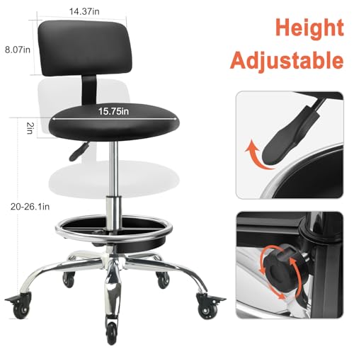 LWADALN Garage Stool with Backrest, Mechanics Rolling Chair Adjustable Footrest, Workshop Chair with Storage Tray, Rolling Shop Stool Height Adjustable, Swivel Task Chair for Salon Tattoo (Black)